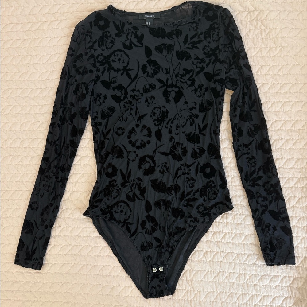Forever 21 Black Burnout Velvet Floral Bodysuit